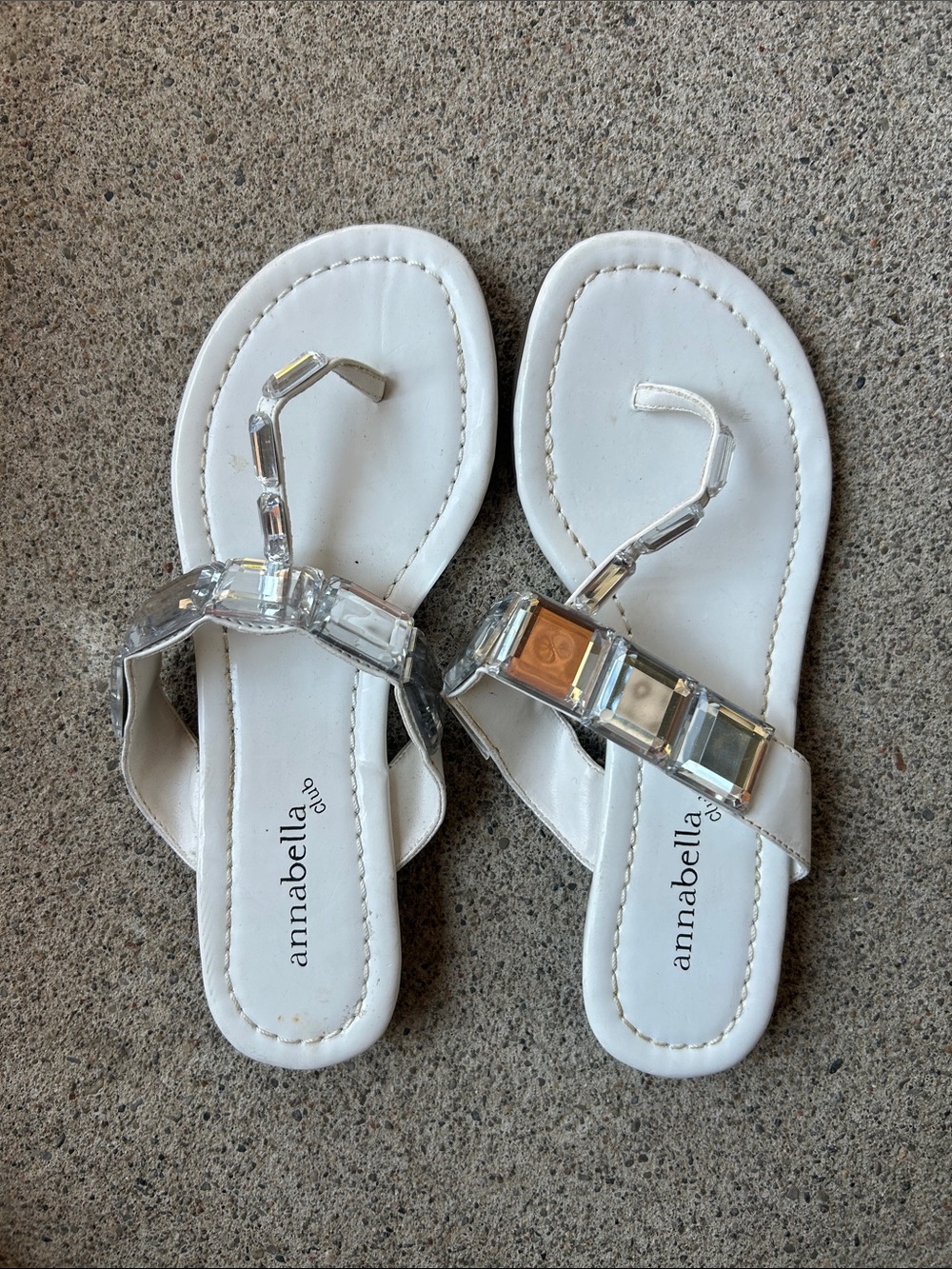 annabella Club White Jeweled Toe-Loop Sandals